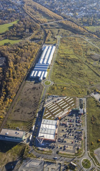 Aerial view, Landgard Cash & Carry, Hornbach Baumarkt, Borbeck, Oberhausen, Ruhr area, North Rhine-Westphalia, Germany, flower wholesaler, DE, shopping, shopping centre, shopping markets, shopping place, shopping centre, Europe, commercial enterprises, commercial area, commercial park, commercial location, commercial use, industrial area, industrial building, industrial location, aerial view, aerial photography, aerial photography, shopping, shopping centre, overview, bird's eye view, birds-eyes view, overview