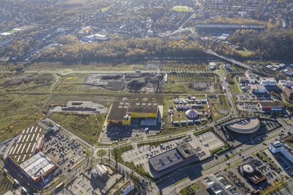 Aerial view, Neue Mitte, CentrO site, construction site, Hornbach Baumarkt, Poco Einrichtungsmarkt, Borbeck, Oberhausen, Ruhr area, North Rhine-Westphalia, Germany, construction work, building, construction area, building site, building plots, construction project, DE, shopping, shopping centre, shopping markets, shopping square, shopping centre, Europe, aerial view, aerial photography, aerial photography, new building, shopping, shopping, shopping centre, overview, bird's eye view, birds-eyes view, overview