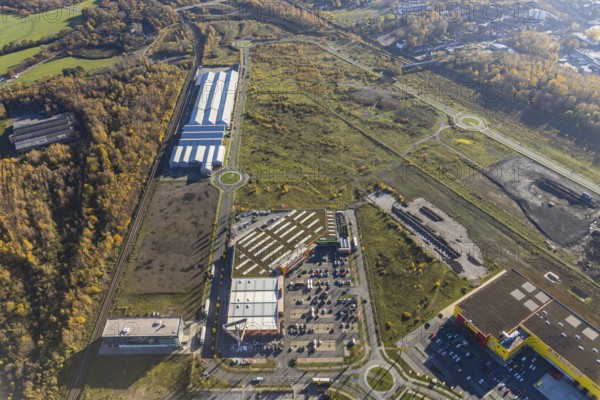 Aerial view, Landgard Cash & Carry, Hornbach Baumarkt, construction site Brammenring, Borbeck, Oberhausen, Ruhr area, North Rhine-Westphalia, Germany, flower wholesaler, DE, shopping, shopping centre, shopping markets, shopping place, shopping centre, Europe, commercial enterprises, commercial area, commercial park, commercial location, commercial use, industrial area, industrial building, industrial location, aerial view, aerial photography, aerial photography, shopping, shopping centre, overview, bird's eye view, birds-eyes view, overview