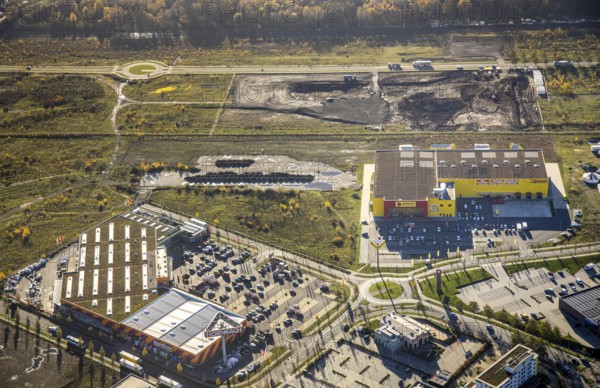 Aerial view, Neue Mitte, CentrO area, construction site Brammenring, Hornbach Baumarkt, Poco Einrichtungsmarkt, Borbeck, Oberhausen, Ruhr area, North Rhine-Westphalia, Germany, construction work, construction, construction area, building site, building plots, construction project, construction site, DE, shopping, shopping centre, shopping markets, shopping square, shopping centre, Europe, aerial view, aerial photography, aerial photography, new building, shopping, shopping centre, overview, bird's-eye view, overview