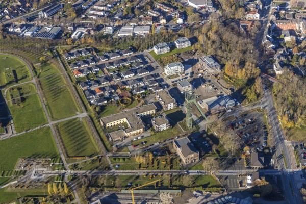 Aerial photo, winding tower Osterfeld colliery, new building, residential complex for senior citizens, senior citizens' residence at OLGA-Park, Osterfeld, Oberhausen, Ruhr area, North Rhine-Westphalia, Germany, retirement home, old people's home, construction work, construction area, construction site, building plots, construction measure, construction project, construction site, mining, care and nursing, DE, development, Europe, garden dome, former coal mixing plant of the Osterfeld colliery, gasometer, capacity requirement, aerial view, aerial photography, aerial photography, new building, care facility, Plassmeier Bau, retirement home, retirement residence, retirement home, senior citizens' centre, overview, Vestische Straße, bird's-eye view, growth, Zum Steigerhaus, birds-eyes view, overview
