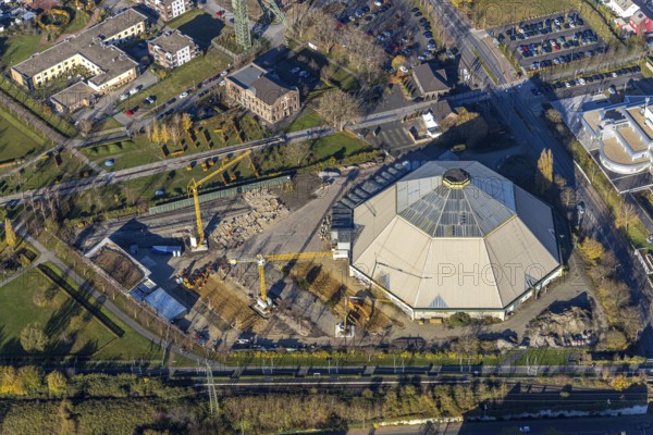Aerial view, construction site renovation garden dome, Osterfeld, Oberhausen, Ruhr area, North Rhine-Westphalia, Germany, construction work, construction, construction area, construction site, building plots, construction crane, construction measure, construction project, construction site, DE, Europe, aerial view, aerial photography, aerial photography, renovation, renovation, overview, Vestische Straße, bird's eye view, landmark, birds-eyes view, former coal mixing plant of Osterfeld colliery, built for the state garden show, overview