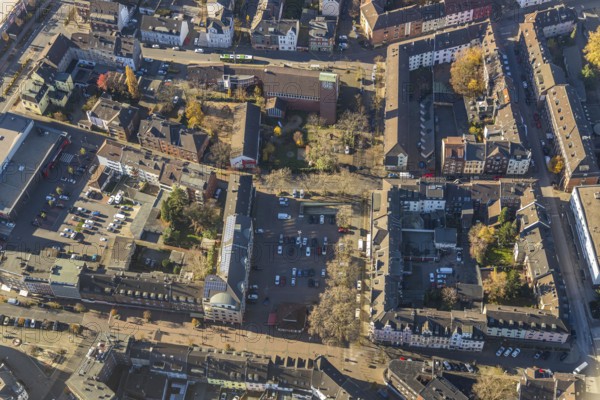 Aerial view, local view Osterfeld, Hospice St. Vinzenz Pallotti, Greek Orthodox parish Hl.Archangel, Osterfeld, Oberhausen, Ruhr area, North Rhine-Westphalia, Germany, place of worship, DE, Europe, religious community, place of worship, property tax, holy place, real estate, church, parish, denomination, aerial view, aerial photography, aerial photography, religion, religious site, overview, Vestische Straße, bird's-eye view, residential area, living and life, residential area, residential buildings, quality of life, residential neighbourhood, housing estate, birds-eyes view, overview