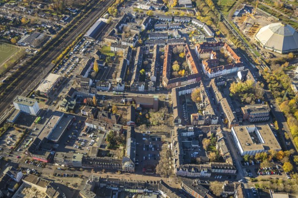 Aerial view, local view Osterfeld, Hospice St. Vinzenz Pallotti, Greek Orthodox parish Hl.Archangel, Osterfeld, Oberhausen, Ruhr area, North Rhine-Westphalia, Germany, place of worship, DE, Europe, religious community, place of worship, property tax, holy place, real estate, church, parish, denomination, aerial view, aerial photography, aerial photography, religion, religious site, overview, Vestische Straße, bird's-eye view, residential area, living and life, residential area, residential buildings, quality of life, residential neighbourhood, housing estate, birds-eyes view, overview