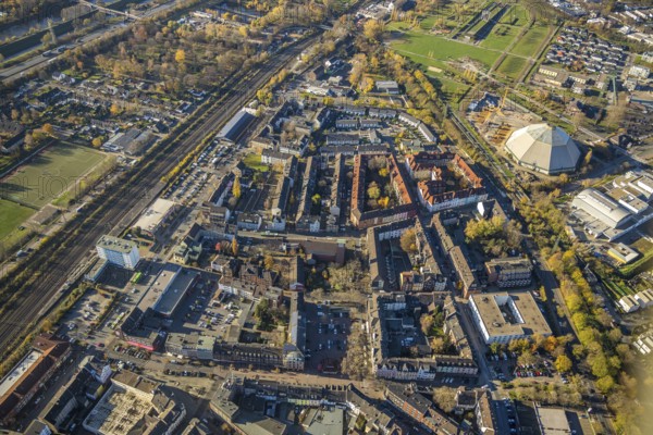 Aerial view, view of Osterfeld, St Vincent Pallotti Hospice, Greek Orthodox parish of St Vincent Pallotti.Archangel, Osterfeld, Oberhausen, Ruhr area, North Rhine-Westphalia, Germany, place of worship, DE, Europe, garden cathedral, religious community, place of worship, property tax, holy site, real estate, church, church community, denomination, aerial view, aerial photography, aerial photography, religion, religious site, overview, Vestische Straße, bird's-eye view, residential area, living and life, residential area, residential buildings, residential quality, residential neighbourhood, housing estate, birds-eyes view, overview