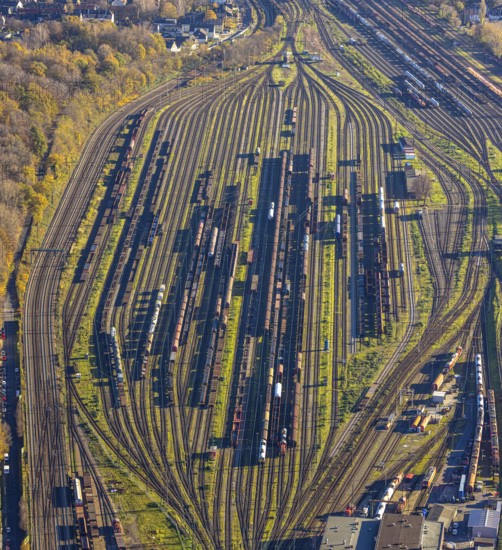 Aerial view, freight station Oberhausen-West, Vondern, Oberhausen, Ruhr area, North Rhine-Westphalia, Germany, railway tracks, railway station, DE, Deutsche Bahn AG, Europe, shapes and colours, freight transport, aerial view, aerial photography, aerial photography, overview, bird's-eye view, overview