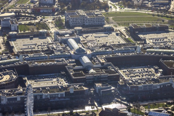 Aerial view, CentrO shopping centre, Borbeck, Oberhausen, Ruhr area, North Rhine-Westphalia, Germany, retirement home, DE, shopping centre, shopping mall, shopping markets, shopping centre, Europe, aerial view, aerial photography, aerial photography, shopping, shopping centre, overview, bird's-eye view, overview