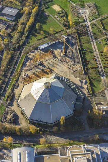 Aerial view, construction site renovation garden dome, Osterfeld, Oberhausen, Ruhr area, North Rhine-Westphalia, Germany, construction work, construction, construction area, construction site, building plots, construction crane, construction measure, construction project, construction site, DE, Europe, aerial view, aerial photography, aerial photography, renovation, renovation, overview, Vestische Straße, bird's eye view, landmark, birds-eyes view, former coal mixing plant of Osterfeld colliery, built for the state garden show, overview