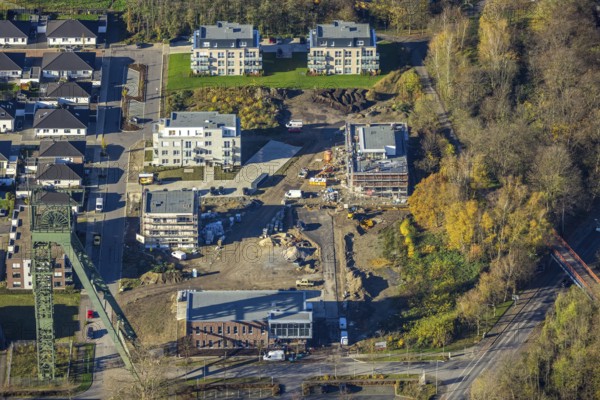 Aerial view, winding tower Osterfeld colliery, new building, residential complex for senior citizens, senior citizens' residence at OLGA-Park, Osterfeld, Oberhausen, Ruhr area, North Rhine-Westphalia, Germany, retirement home, old people's home, construction work, construction area, construction site, building plots, construction measure, construction project, construction site, mining, care and nursing, DE, development, Europe, garden dome, former coal mixing plant of the Osterfeld colliery, gasometer, capacity requirement, aerial view, aerial photography, aerial photography, new building, care facility, Plassmeier Bau, retirement home, retirement residence, retirement home, senior citizens' centre, overview, Vestische Straße, bird's-eye view, growth, Zum Steigerhaus, birds-eyes view, overview