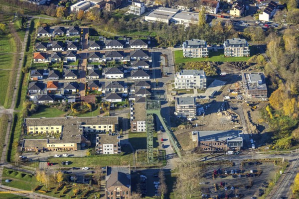 Aerial view, winding tower Osterfeld colliery, new building, residential complex for senior citizens, senior citizens' residence at OLGA-Park, Osterfeld, Oberhausen, Ruhr area, North Rhine-Westphalia, Germany, retirement home, old people's home, construction work, construction area, construction site, building plots, construction measure, construction project, construction site, mining, care and nursing, DE, development, Europe, garden dome, former coal mixing plant of the Osterfeld colliery, gasometer, capacity requirement, aerial view, aerial photography, aerial photography, new building, care facility, Plassmeier Bau, retirement home, retirement residence, retirement home, senior citizens' centre, overview, Vestische Straße, bird's-eye view, growth, Zum Steigerhaus, birds-eyes view, overview
