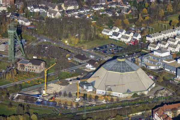 Aerial view, construction site renovation garden dome, Osterfeld, Oberhausen, Ruhr area, North Rhine-Westphalia, Germany, construction work, construction, construction area, construction site, building plots, construction crane, construction measure, construction project, construction site, DE, Europe, aerial view, aerial photography, aerial photography, renovation, renovation, overview, Vestische Straße, bird's eye view, landmark, birds-eyes view, former coal mixing plant of Osterfeld colliery, built for the state garden show, overview