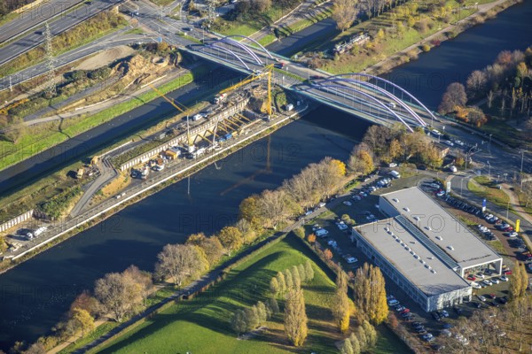 Aerial view, construction site between Rhine-Herne-Canal and Emscher, bridge Osterfelder Straße, Borbeck, Oberhausen, Ruhr area, North Rhine-Westphalia, Germany, motorway A42, car dealership Bernds, construction work, building, construction area, building site, building plots, construction project, construction site, bridge, DE, Europe, canal, aerial view, aerial photography, aerial photography, new building, overview, bird's-eye view, overview