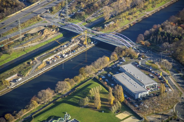 Aerial view, construction site between Rhine-Herne-Canal and Emscher, bridge Osterfelder Straße, Borbeck, Oberhausen, Ruhr area, North Rhine-Westphalia, Germany, motorway A42, car dealership Bernds, construction work, building, construction area, building site, building plots, construction project, construction site, bridge, DE, Europe, canal, aerial view, aerial photography, aerial photography, new building, overview, bird's-eye view, overview
