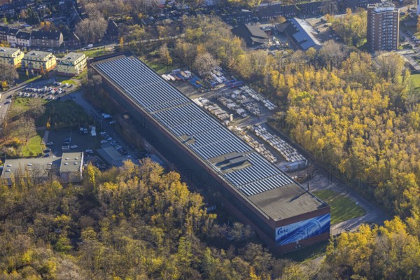 Aerial view, Walzen-Service-Center GmbH, Bermensfeld, Oberhausen, Ruhr area, North Rhine-Westphalia, Germany, DE, Essener Straße, Europe, commercial enterprises, commercial area, commercial park, commercial location, commercial use, industrial area, industrial building, industrial location, aerial photograph, aerial photography, aerial photography, photovoltaics, photovoltaic system, solar, solar system, solar energy, solar energy, overview, bird's-eye view, birds-eyes view, overview