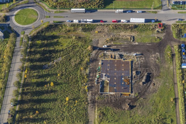 Aerial view, construction site Brammenring, Borbeck, Oberhausen, Ruhr area, North Rhine-Westphalia, Germany, construction work, construction area, construction site, building plots, construction project, construction site, DE, Europe, roundabout, aerial view, aerial photography, aerial photography, new construction, overview, bird's-eye view, overview