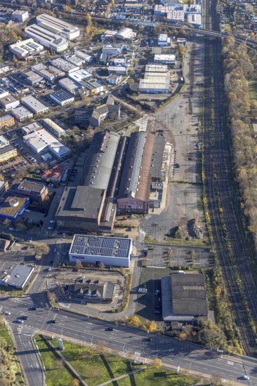 Aerial view, Turbinenhalle venue, Im Lipperfeld, Marienviertel Ost, Oberhausen, Ruhr area, North Rhine-Westphalia, Germany, railway tracks, DE, Europe, culture, art, aerial view, aerial photography, aerial photography, overview, events, venue, event location, event centre, bird's-eye view, birds-eyes view, cultural use, overview