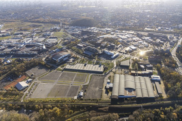 Aerial view, König-Pilsener-ARENA, LVR-Industriemuseum, Peter-Behrens-Bau, CentrO, Buschhausen, Oberhausen, Ruhr area, North Rhine-Westphalia, Germany, DE, Europe, Garden Dome, culture, art, aerial photography, aerial photography, aerial photography, car parks, renovation, refurbishment, overview, events, venue, event location, event centre, bird's eye view, bird's eye view, cultural use, overview, white tarpaulins