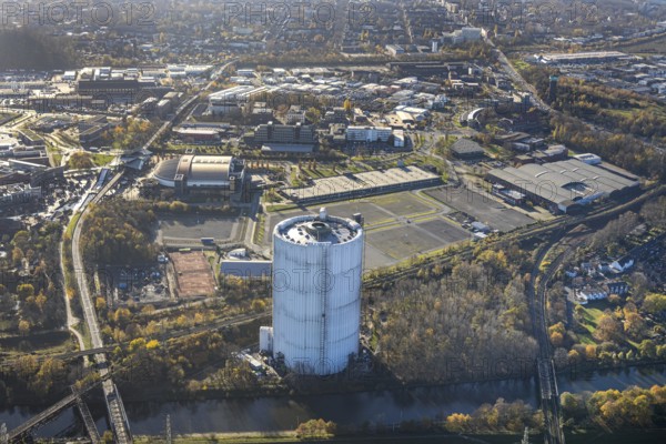 Aerial view, gasometer renovation measures, covered gasometer, König-Pilsener-ARENA, Buschhausen, Oberhausen, Ruhr area, North Rhine-Westphalia, Germany, construction work, construction area, construction site, construction measure, construction project, construction site, DE, Europe, garden dome, culture, art, aerial photograph, aerial photography, aerial photography, car parks, renovation, refurbishment, overview, events, venue, event location, event centre, bird's-eye view, birds-eyes view, cultural use, overview, white tarpaulins