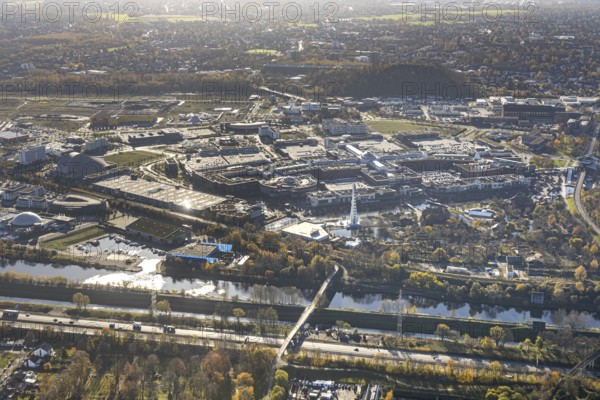 Aerial view, CentrO shopping centre, Rhine-Herne Canal, Borbeck, Oberhausen, Ruhr area, North Rhine-Westphalia, Germany, DE, shopping, shopping centre, shopping mall, shopping markets, shopping square, shopping centre, Europe, specialist markets, canal, Legoland, aerial view, aerial photography, aerial photography, shopping, shopping centre, overview, bird's-eye view, overview