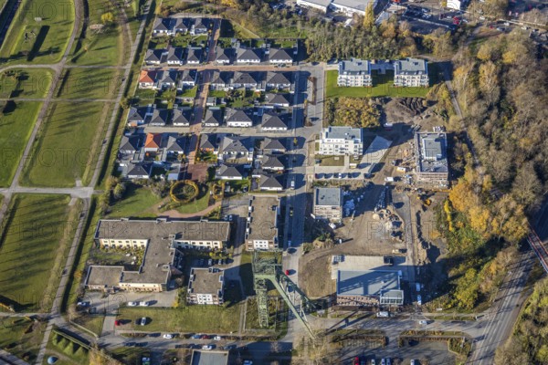 Aerial view, winding tower Osterfeld colliery, new building, residential complex for senior citizens, senior citizens' residence at OLGA-Park, Osterfeld, Oberhausen, Ruhr area, North Rhine-Westphalia, Germany, retirement home, old people's home, construction work, construction area, construction site, building plots, construction measure, construction project, construction site, mining, care and nursing, DE, development, Europe, garden dome, former coal mixing plant of the Osterfeld colliery, gasometer, capacity requirement, aerial view, aerial photography, aerial photography, new building, care facility, Plassmeier Bau, retirement home, retirement residence, retirement home, senior citizens' centre, overview, Vestische Straße, bird's-eye view, growth, Zum Steigerhaus, birds-eyes view, overview