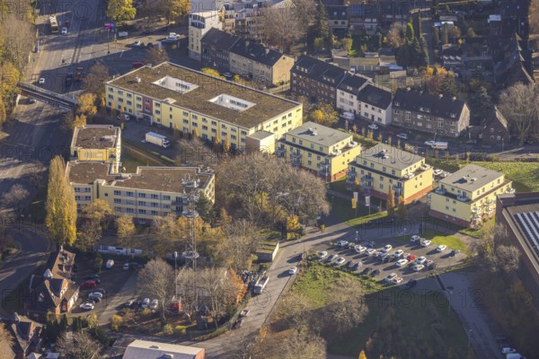 Aerial view, ASB senior citizens' centre, new building, Bermensfeld, Oberhausen, Ruhr area, North Rhine-Westphalia, Germany, ASB project, retirement home, old people's home, Annemarie-Renger-Weg, care and nursing, DE, Europe, aerial view, aerial photography, aerial photography, care facility, retirement home, retirement residence, retirement home, senior citizens' centre, service residential complex, service living, overview, bird's-eye view, overview