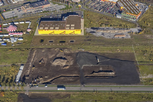 Aerial view, Landgard Cash & Carry, Hornbach Baumarkt, Poco Einrichtungsmarkt, construction site Brammenring, Borbeck, Oberhausen, Ruhr area, North Rhine-Westphalia, Germany, construction work, construction, construction area, building site, building plots, construction measure, construction project, construction site, flower wholesaler, DE, shopping, shopping centre, shopping mall, shopping square, shopping centre, Europe, commercial enterprises, commercial space, commercial area, commercial park, commercial location, commercial use, industrial area, industrial building, industrial location, aerial view, aerial photography, aerial photography, shopping, shopping centre, overview, bird's eye view, bird's eye view, overview