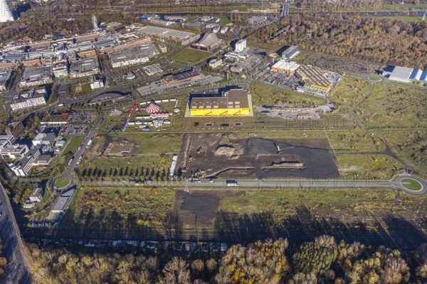 Aerial view, Landgard Cash & Carry, Hornbach Baumarkt, Poco Einrichtungsmarkt, construction site Brammenring, Borbeck, Oberhausen, Ruhr area, North Rhine-Westphalia, Germany, construction work, construction, construction area, building site, building plots, construction project, construction site, flower wholesaler, DE, shopping, shopping centre, shopping markets, shopping square, shopping centre, Europe, commercial enterprises, commercial area, commercial area, commercial park, commercial location, commercial use, industrial area, industrial building, industrial location, aerial view, aerial photography, aerial photography, shopping, shopping centre, overview, bird's-eye view, overview
