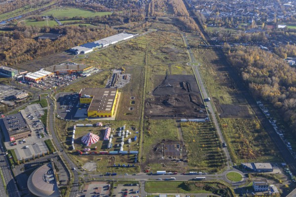 Aerial view, Landgard Cash & Carry, Hornbach Baumarkt, Poco Einrichtungsmarkt, construction site Brammenring, Borbeck, Oberhausen, Ruhr area, North Rhine-Westphalia, Germany, construction work, construction, construction area, building site, building plots, construction project, construction site, flower wholesaler, DE, shopping, shopping centre, shopping markets, shopping square, shopping centre, Europe, commercial enterprises, commercial area, commercial area, commercial park, commercial location, commercial use, industrial area, industrial building, industrial location, aerial view, aerial photography, aerial photography, shopping, shopping centre, overview, bird's-eye view, overview