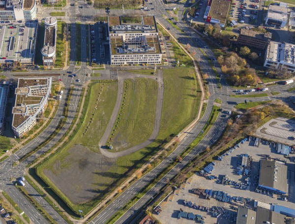 Aerial view, car park Centroallee, Borbeck, Oberhausen, Ruhr area, North Rhine-Westphalia, Germany, Bilfinger Engineering, DE, Europe, commercial enterprises, commercial area, commercial park, commercial location, commercial use, industrial area, industrial building, industrial location, aerial photograph, aerial photography, aerial photography, parking area, overview, bird's-eye view, bird's-eye view, overview