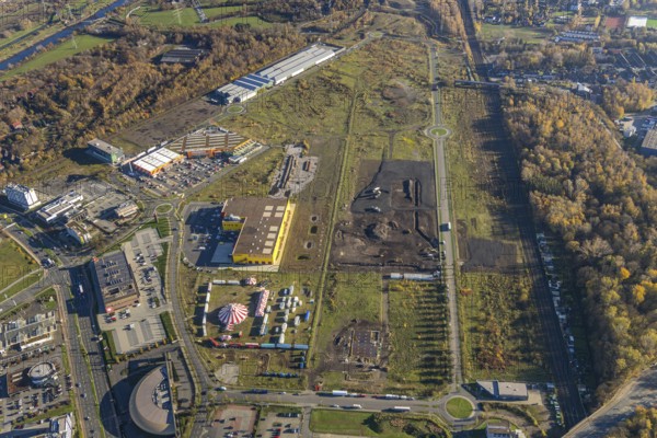 Aerial view, Landgard Cash & Carry, Hornbach Baumarkt, Poco Einrichtungsmarkt, construction site Brammenring, Borbeck, Oberhausen, Ruhr area, North Rhine-Westphalia, Germany, construction work, construction, construction area, building site, building plots, construction project, construction site, flower wholesaler, DE, shopping, shopping centre, shopping markets, shopping square, shopping centre, Europe, commercial enterprises, commercial area, commercial area, commercial park, commercial location, commercial use, industrial area, industrial building, industrial location, aerial view, aerial photography, aerial photography, shopping, shopping centre, overview, bird's-eye view, overview