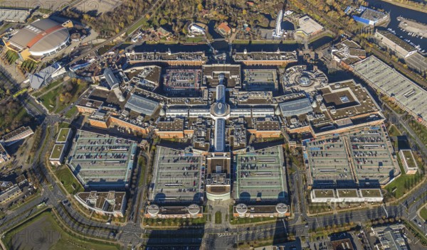 Aerial view, CentrO shopping centre, Borbeck, Oberhausen, Ruhr area, North Rhine-Westphalia, Germany, retirement home, DE, shopping centre, shopping mall, shopping markets, shopping centre, Europe, aerial view, aerial photography, aerial photography, shopping, shopping centre, overview, bird's-eye view, overview