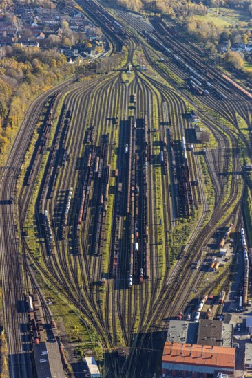 Aerial view, freight station Oberhausen-West, Vondern, Oberhausen, Ruhr area, North Rhine-Westphalia, Germany, railway tracks, railway station, DE, Deutsche Bahn AG, Europe, shapes and colours, freight transport, aerial view, aerial photography, aerial photography, overview, bird's-eye view, overview