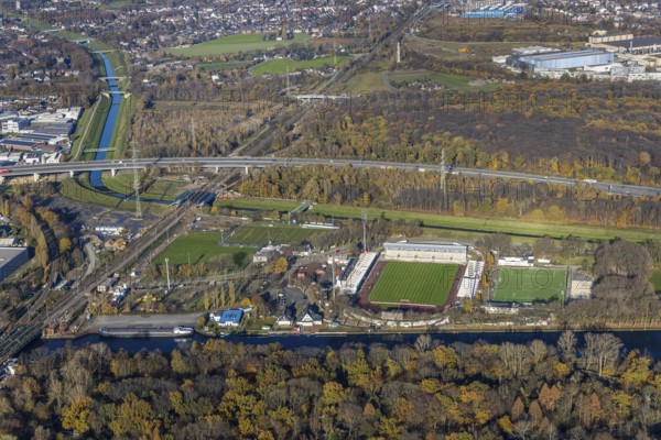 Aerial view, SC Rot-Weiß Oberhausen stadium, River Emscher, Rhine-Herne Canal, Buschhausen, Oberhausen, Ruhr area, North Rhine-Westphalia, Germany