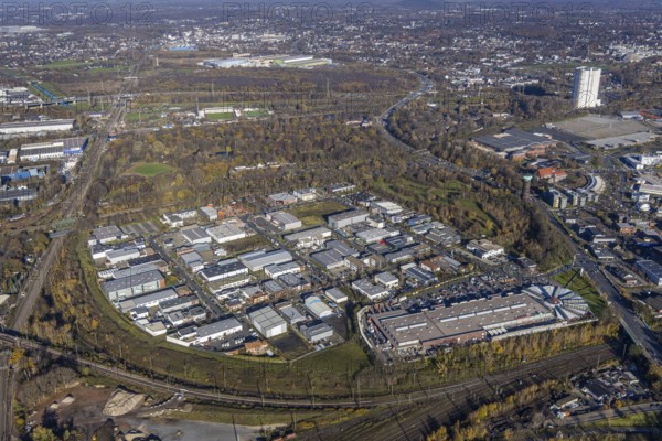 Aerial view, commercial area Am Kaisergarten, Max-Planck-Ring, Marienviertel, Oberhausen, Ruhr area, North Rhine-Westphalia, Germany, DE, Europe, commercial enterprises, commercial area, commercial park, commercial location, commercial use, industrial area, industrial building, industrial location, aerial photograph, aerial photography, aerial photography, park, overview, bird's-eye view, birds-eyes view, overview