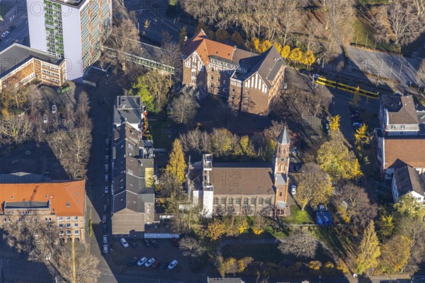 Aerial view, ChristusKirche, Hans-Böckler-Berufskolleg, city centre, Oberhausen, Ruhr area, North Rhine-Westphalia, Germany, place of worship, DE, Europe, religious community, place of worship, holy place, church, parish, denomination, aerial view, aerial photography, aerial photography, Nohlstraße, religion, religious site, overview, bird's-eye view, birds-eyes view, overview