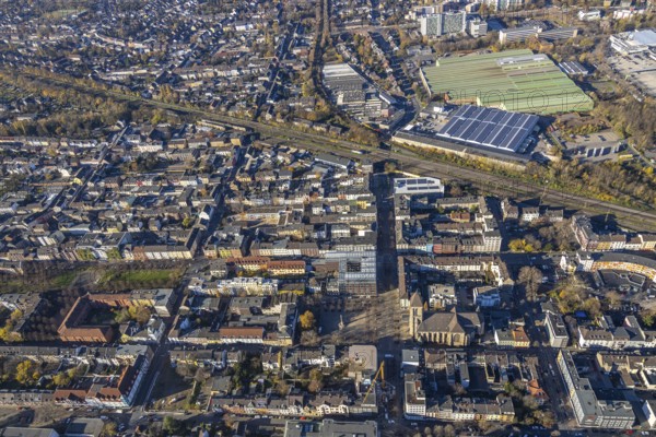 Aerial view, Catholic Church at Altmarkt, Altmarkt, city centre, Oberhausen, Ruhr area, North Rhine-Westphalia, Germany, old town, place of worship, city, DE, Europe, religious community, place of worship, holy place, church, parish, denomination, aerial view, aerial photography, aerial photography, market place, market street, local view, religion, religious place, townscape, city centre, overview, bird's eye view, overview