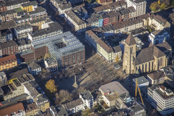 Aerial view, Catholic Church at Altmarkt, Altmarkt, city centre, Oberhausen, Ruhr area, North Rhine-Westphalia, Germany, old town, place of worship, city, DE, Europe, religious community, place of worship, holy place, church, parish, denomination, aerial view, aerial photography, aerial photography, market place, market street, local view, religion, religious place, townscape, city centre, overview, bird's eye view, overview