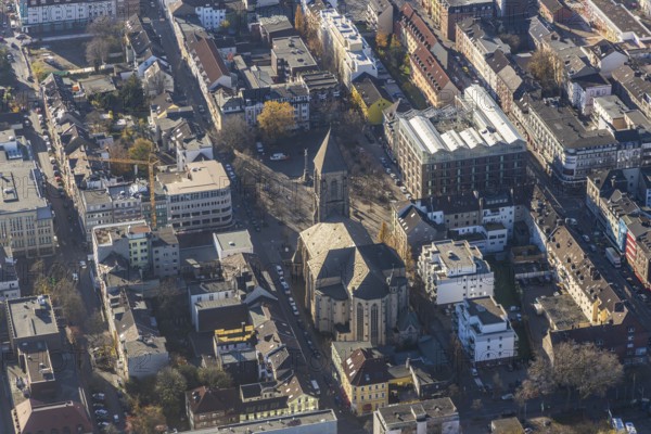 Aerial view, Catholic Church at Altmarkt, Altmarkt, city centre, Oberhausen, Ruhr area, North Rhine-Westphalia, Germany, old town, place of worship, city, DE, Europe, religious community, place of worship, holy place, church, parish, denomination, aerial view, aerial photography, aerial photography, market place, market street, local view, religion, religious place, townscape, city centre, overview, bird's eye view, overview