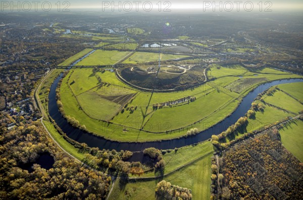 Aerial view, Styrumer Ruhrbogen, Ruhrwiesen, landfill Kolkerhofweg, city triangle Duisburg-Oberhausen-Mülheim, wind turbine, river Ruhr, Mülheim an der Ruhr, Ruhr area, North Rhine-Westphalia, Germany, bridge over the Ruhr, DE, railway bridge, Europe, distant view, flood, aerial view, aerial photography, aerial photography, Ruhr floodplain, Ruhr valley cycle path, Ruhr river bank, Speldorfer Straße, overview, bird's-eye view, wind energy, wind turbine, wind power, wind energy plant, wind turbines, birds-eyes view, overview, flooding