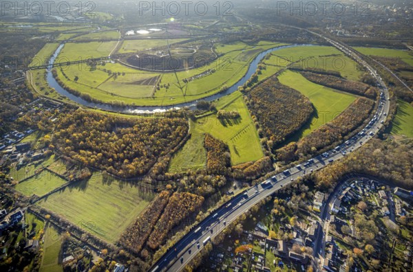 Aerial view, Styrumer Ruhrbogen, Ruhrwiesen, landfill Kolkerhofweg, city triangle Duisburg-Oberhausen-Mülheim, wind turbine, river Ruhr, Mülheim an der Ruhr, Ruhr area, North Rhine-Westphalia, Germany, bridge over the Ruhr, DE, Duisburg, railway bridge, Europe, distant view, flood, aerial view, aerial photography, aerial photography, Ruhr floodplain, Ruhr valley cycle path, Ruhr river bank, Speldorfer Straße, overview, bird's-eye view, wind energy, wind turbine, wind power, wind turbine, wind turbines, birds-eyes view, overview, flooding