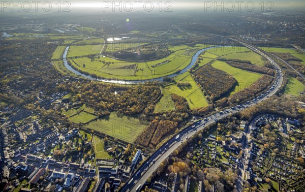 Aerial view, Styrumer Ruhrbogen, Ruhrwiesen, landfill Kolkerhofweg, city triangle Duisburg-Oberhausen-Mülheim, wind turbine, river Ruhr, Mülheim an der Ruhr, Ruhr area, North Rhine-Westphalia, Germany, bridge over the Ruhr, DE, Duisburg, railway bridge, Europe, distant view, flood, aerial view, aerial photography, aerial photography, Ruhr floodplain, Ruhr valley cycle path, Ruhr river bank, Speldorfer Straße, overview, bird's-eye view, wind energy, wind turbine, wind power, wind turbine, wind turbines, birds-eyes view, overview, flooding