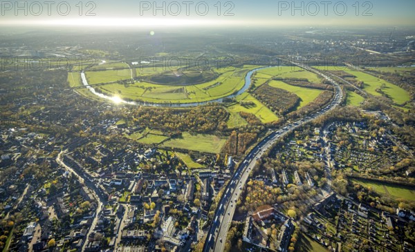 Aerial view, Styrumer Ruhrbogen, Ruhrwiesen, landfill Kolkerhofweg, city triangle Duisburg-Oberhausen-Mülheim, wind turbine, river Ruhr, Mülheim an der Ruhr, Ruhr area, North Rhine-Westphalia, Germany, bridge over the Ruhr, DE, Duisburg, railway bridge, Europe, distant view, flood, aerial view, aerial photography, aerial photography, Ruhr floodplain, Ruhr valley cycle path, Ruhr river bank, Speldorfer Straße, overview, bird's-eye view, wind energy, wind turbine, wind power, wind turbine, wind turbines, birds-eyes view, overview, flooding