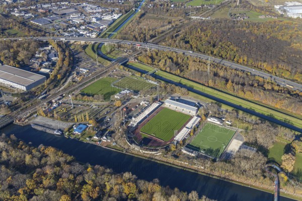 Aerial view, stadium SC Rot-Weiß Oberhausen, river Emscher, Rhine-Herne-Canal, Buschhausen, Oberhausen, Ruhr area, North Rhine-Westphalia, Germany, DE, Europe, football pitch, football stadium, football club, canal, aerial view, aerial photography, aerial photography, sports, sports facilities, sports field, sports facility, stadium, overview, bird's-eye view, overview