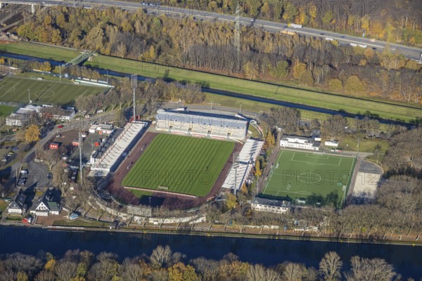 Aerial view, stadium SC Rot-Weiß Oberhausen, river Emscher, Rhine-Herne-Canal, Buschhausen, Oberhausen, Ruhr area, North Rhine-Westphalia, Germany, DE, Europe, football pitch, football stadium, football club, canal, aerial view, aerial photography, aerial photography, sports, sports facilities, sports field, sports facility, stadium, overview, bird's-eye view, overview