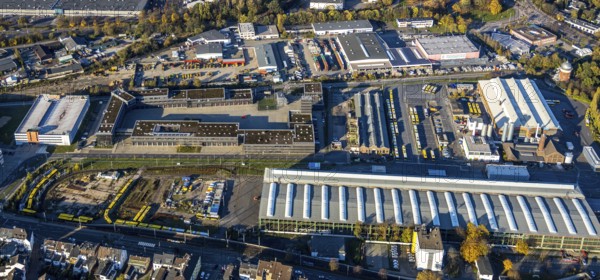 Aerial view, Depot Ruhrbahn GmbH, Alte Dreherei, fire brigade, Broich - Ost, Mülheim an der Ruhr, Ruhr area, North Rhine-Westphalia, Germany, fire fighter, fire protection, fire station, DE, Europe, fire station, green trees, main workshop, autumn colours, aerial view, aerial photography, aerial photography, rescue station, overview, bird's-eye view, old railway depot, birds-eyes view, overview