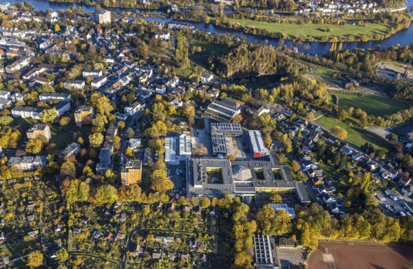 Aerial view, school centre, Städt. Gymnasium Broich, Städt. Realschule Broich, Broich - Ost, Mülheim an der Ruhr, Ruhr area, North Rhine-Westphalia, Germany, education, educational institution, DE, Europe, grammar school, educational institute, aerial view, aerial photography, aerial photography, secondary school, school, sports field, overview, bird's-eye view, overview