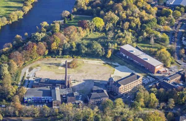 Aerial view, construction area former leather factory Lindgens am Kassenberg, Saarn, Mülheim an der Ruhr, Ruhr area, North Rhine-Westphalia, Germany, construction area, construction site, building plots, construction project, DE, Europe, aerial view, aerial photography, aerial photography, overview, bird's-eye view, overview