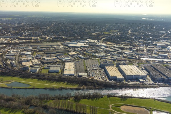 Aerial view, industrial area Broich Castle and Gerwegegebiet Hafen Nord, Linksruhr, Mülheim an der Ruhr, Ruhr area, North Rhine-Westphalia, Germany, Mülheim, an, der, Ruhr, DE, Europe, birds-eyes, view, aerial photography, aerial photography, overview, overview, bird's eye view, water, waterways, shipping traffic, transport, logistics, goods, trade, infrastructure, river, waterway, goods movement, ships, waters, industry, trade, economy, commercial enterprise, production, industrial area, manufacturing