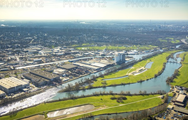 Aerial view, industrial area Broich Castle and Gerwegegebiet Hafen Nord, Linksruhr, Mülheim an der Ruhr, Ruhr area, North Rhine-Westphalia, Germany, Mülheim, an, der, Ruhr, DE, Europe, birds-eyes, view, aerial photography, aerial photography, overview, overview, bird's eye view, water, waterways, shipping traffic, transport, logistics, goods, trade, infrastructure, river, waterway, goods movement, ships, waters, industry, trade, economy, commercial enterprise, production, industrial area, manufacturing