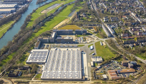 Aerial photograph, ALDI SOUTH Group, expansion stages, new building, Styrum, Mülheim an der Ruhr, Ruhr area, North Rhine-Westphalia, Germany, Mülheim, an, der, Ruhr, DE, Europe, birds-eyes, view, aerial photograph, aerial photography, aerial photography, overview, overview, bird's eye view, industry, trade, economy, commercial enterprise, production, trade